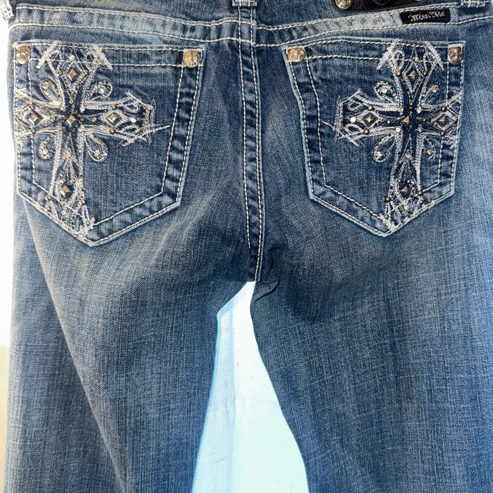 Miss Me Blue Boot Cut Jeans with Rhinestone Embellishments Long 35-length